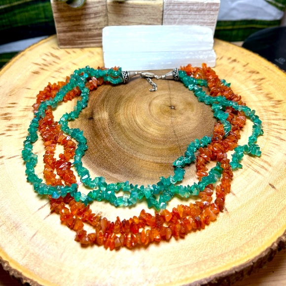 VTG| 925 Carnelian & Green Stone Necklace 💚🧡 - Picture 1 of 8